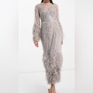 Pearl and Sequin Long Sleeve Dress with Faux Feather